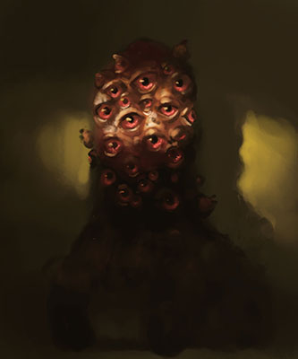Digital painting of a horrific lumpy creature with too many eyes, dramatically lit.